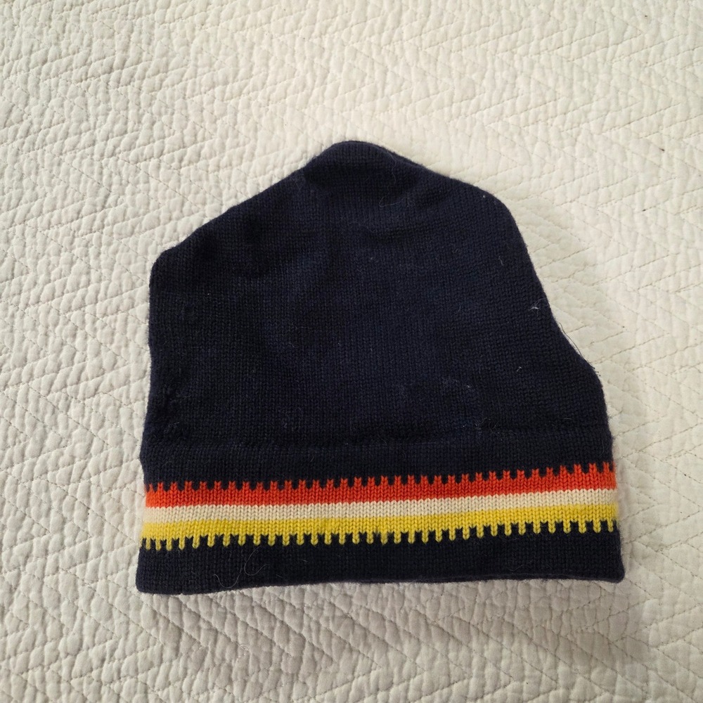 Vintage Wigwam 100% Pure Virgin Wool Beanie Navy Blue Rainbow Stripe Made in USA